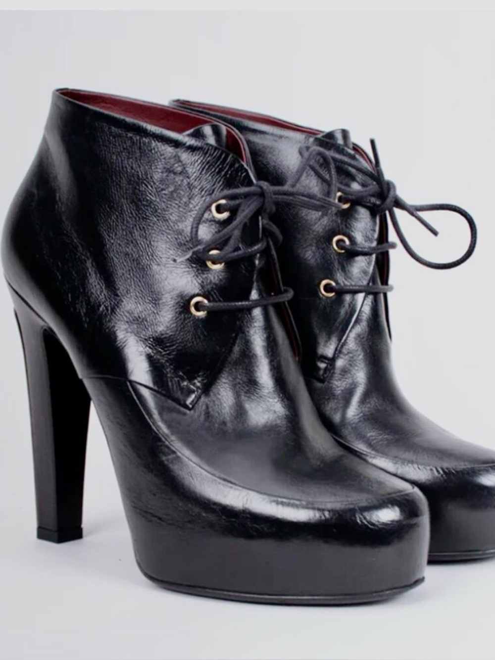 CHANEL Black Leather Logo Heel Lace-Up Platform Ankle Boots - Picture 3 of 15